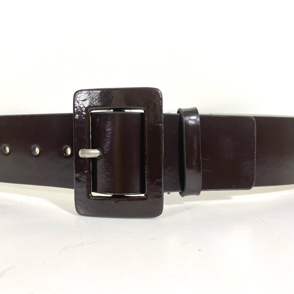 Dark Brown Glossy Leather Belt, Vintage Plain, Wide Chocolate Self Buckle